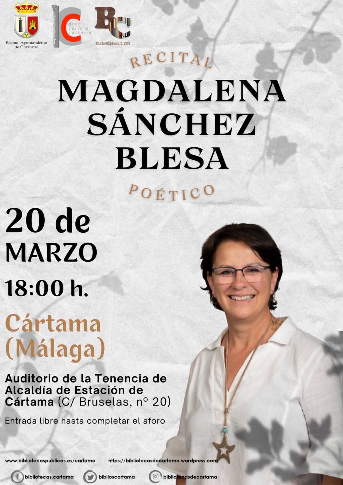 EL AUDITORIO DE LA TENENCIA DE ALCALDÍA DE ESTACIÓN DE CÁRTAMA ACOGERÁ UN RECITAL POÉTICO DE MAGDALENA SÁNCHEZ BLESA